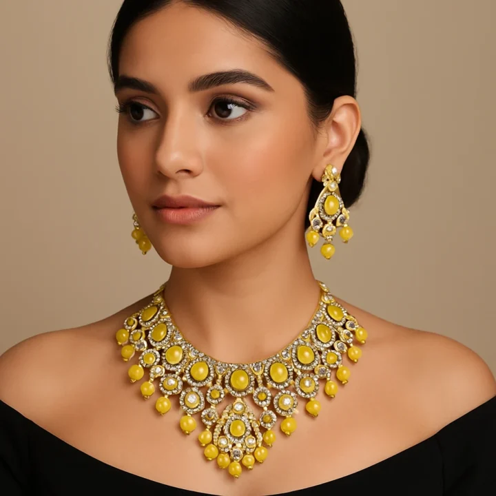 Kundan Sleek Necklace With Pearl & Bead Drop