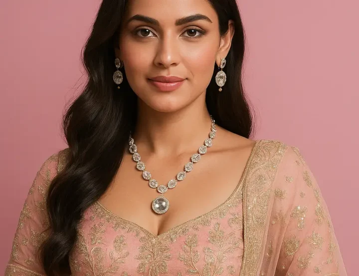 Classic Solitaire-Look Crystal Necklace & Maang Tikka Set 1 MigKart.com